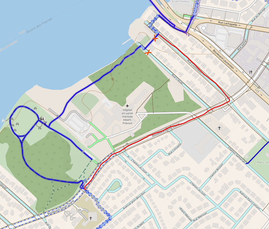 Détour cycliste du parcours Gouin à l'ouest du pont Lachapelle. Forçant les cyclistes à partager une voie sur Gouin