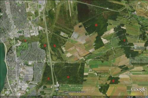 Une carte google map en vue satellite identifie de chiffre de 1 8 montrant les endroits que la Vigile verte veut protger pour former une fort urbaine entre Brossard et La Prairie