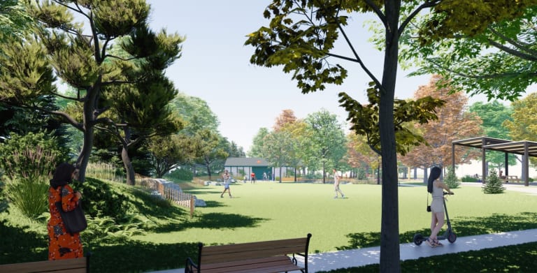 Rendu 3D du réaménagement du parc Montcalm : aperçu de la plaine de jeux libres et de l'abri