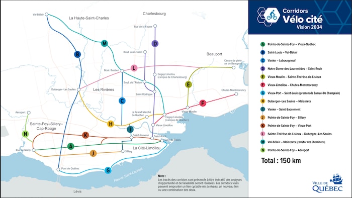 Carte de la ville de Québec montrant les intentions, sans préciser les tracés précis qui seront empruntés par les corridors Vélo cité.