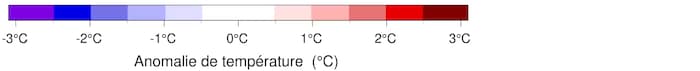 Échelle de couleurs des anomalies de température, en degrés Celsius.