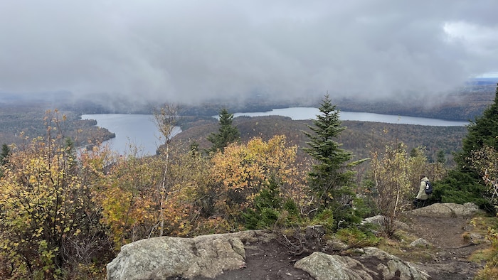 Depuis un cap rocheux, on voit de la brume au-dessus d'une vallée boisée découpée par une rivière sinueuse.