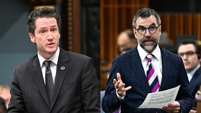 Montage des deux ministres, Benoit Charette à gauche et Steven Guilbeault à droite, lors d'interventions en plénière, face aux autres députés.