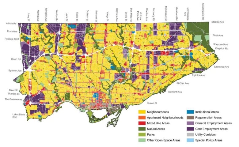 A map that shows how Toronto land is zoned for different uses using different colours.