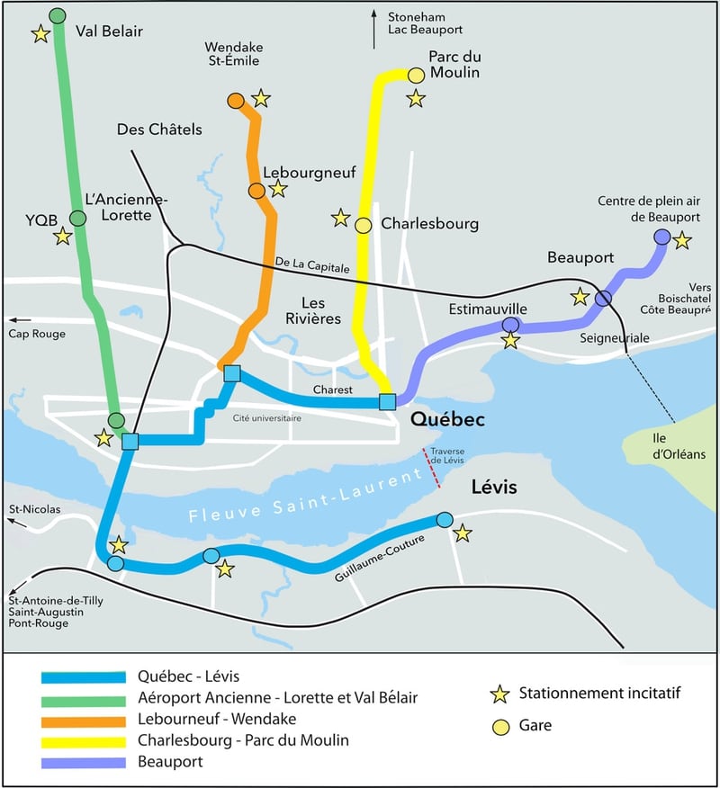 Carte du réseau de tramway sans rail intelligent proposé pour Québec par les trois experts.|800x0