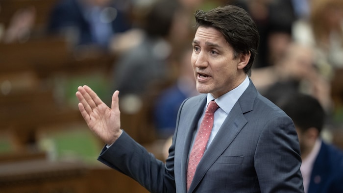 Justin Trudeau parle debout en Chambre.