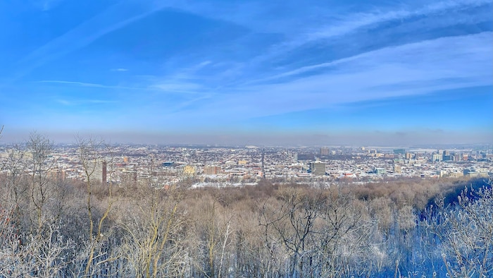 Vue panoramique de Montréal lors d’une journée de smog, en hiver.