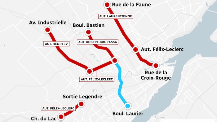 Carte des tronçons de voies réservées sur le réseau routier de Québec.