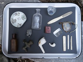 Some of the artifacts found by Jean-Philippe Riopel next to an old stone foundation in Montreal’s Chinatown.