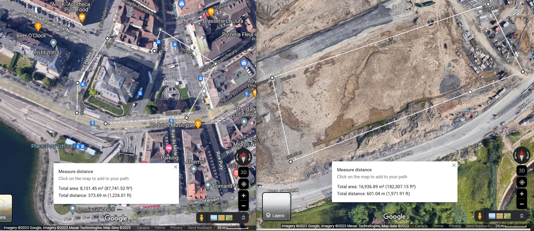 screenshot comparant deux terminus sur g maps à la même échelle. L'un est un carré en chantier, l'autre est intégré au mileu d'une place piétonne du centre ville.
