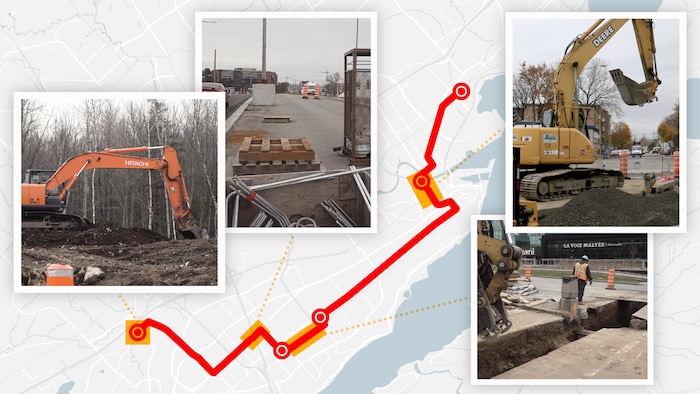 Une carte du tracé du tramway avec plusieurs photos montrant les différents chantier en en cours à l'automne 2022.