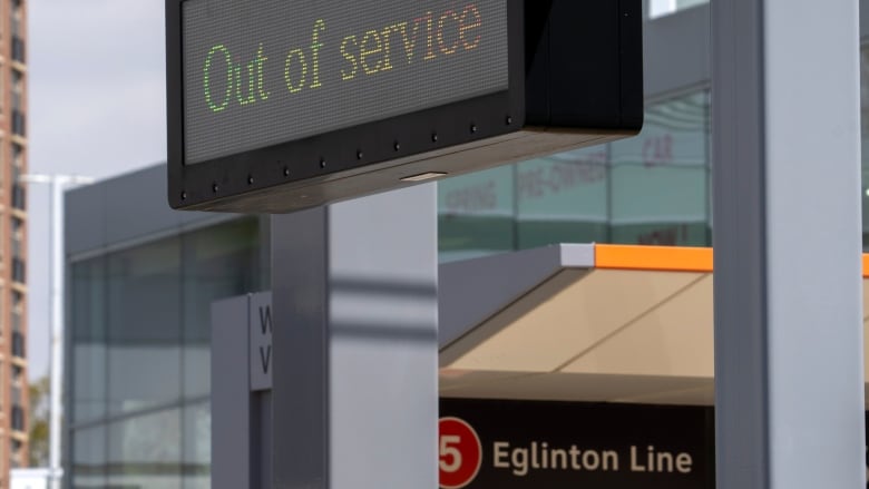 "Out of Service" signs are shown on the Eglinton Crosstown LRT