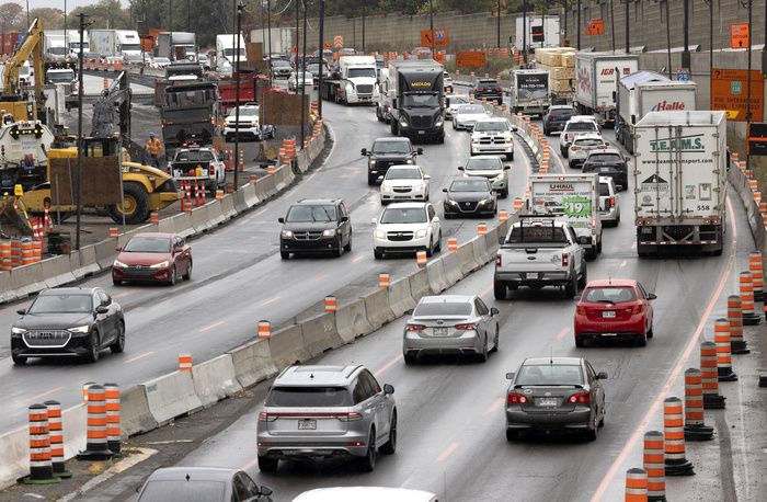 Traffic is tied up on the approach to La Fontaine Tunnel on Thursday, Oct. 13, 2022. Even by Montreal’s standards, the three-year blockage of a tunnel used by 120,000 vehicles a day is a doozy, Allison Hanes writes.