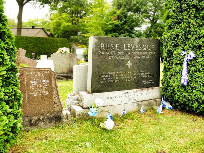 La tombe de René Lévesque, avec plusieurs petits drapeaux du Québec planté devant, et un ruban aux couleurs du Québec en boucle dans le cèdre qui l'encadre.