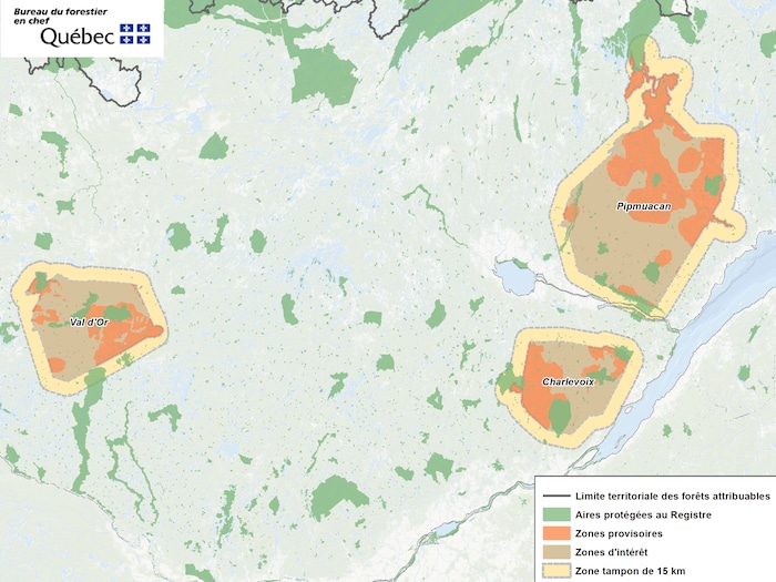 Carte de localisation des trois populations de caribous visés : Charlevoix, Pipmuacan et Val d'Or.