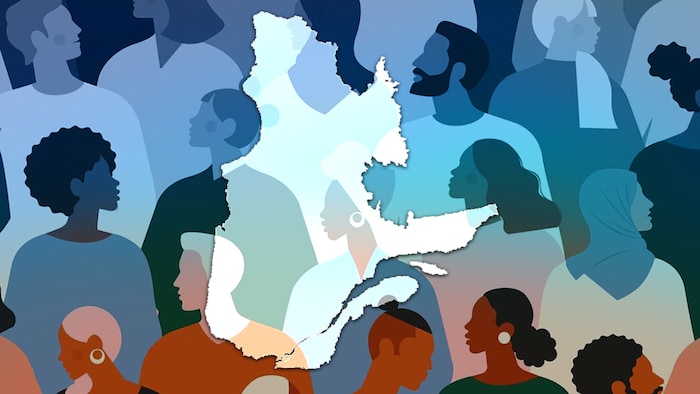 Une illustration montre le contour géographique du Québec et plusieurs immigrants.