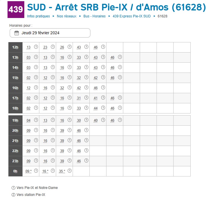 SRB Pie-IX Horaire 2