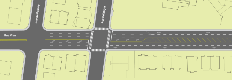 Plan montrant le nouveau marquage au sol sur la rue Viau, au sud de la rue de Paisley dans Rosemont–La Petite-Patrie