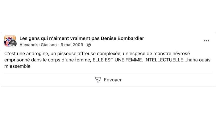 Capture d'écran d'une publication sur Facebook où Alexandre Giasson insulte Denise Bombardier.