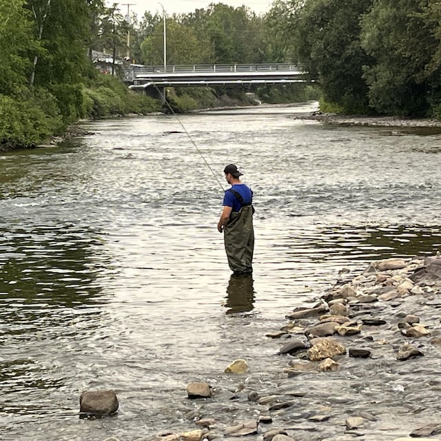 Un homme pêche debout dans une rivière, tandis qu'on voit un petit pont au loin.