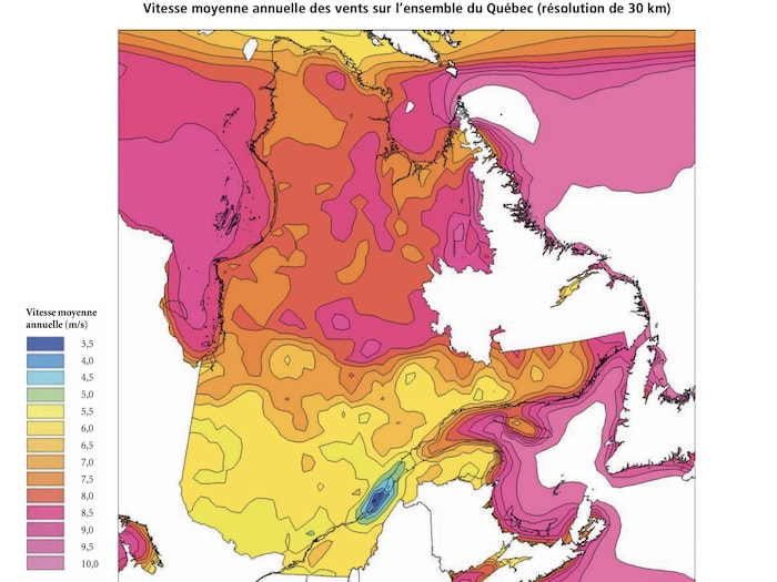 Carte des vitesses moyenne annuelle de vents au Québec, reproduite dans le livre «L'éolien, au coeur de l'incontournable révolution énergétique» (Saulnier, Reid, 2009).