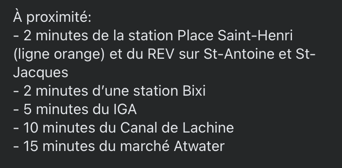 Capture d'écran mentionnent le REV Saint-Antoine/Saint-Jacques dans une liste des équipements et services à proximité.