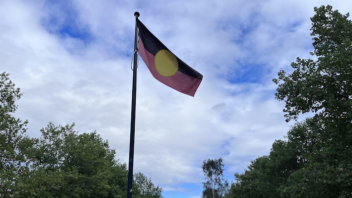 Un drapeau rouge, jaune et noir flotte dans les airs.