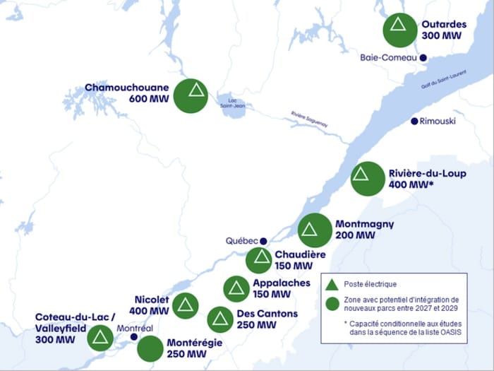 Carte des zones choisies par Hydro-Québec pour les éoliennes.