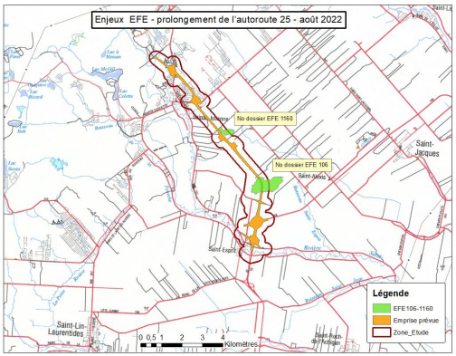 Carte tirée d’un recueil d’avis d’experts sollicités dans le cadre de l’évaluation environnementale du projet de prolongement de l’autoroute 25 dans Lanaudière. En vert, les deux « écosystèmes forestiers exceptionnels » (EFE).