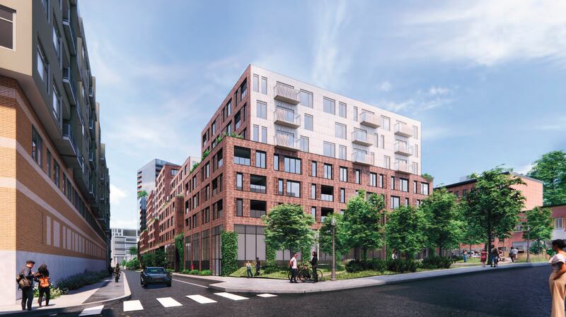 Le projet de l'entreprise Trudel pour l'îlot Dorchester culminera à 17 étages. Ici, la vue au coin des rues Caron et Sainte-Hélène.|800x449.5468277945619