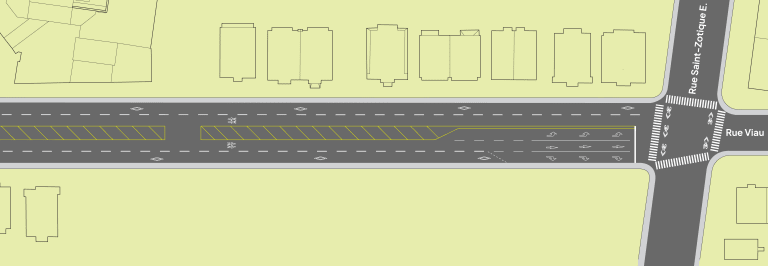 Plan montrant le nouveau marquage au sol sur la rue Viau, au nord de la rue Saint-Zotique Est dans Rosemont–La Petite-Patrie