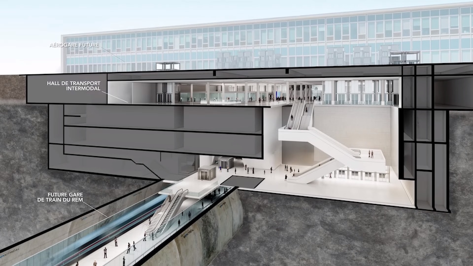 Un croquis détaillant l'intégration de la future gare du REM sous l'aéroport Montréal-Trudeau.