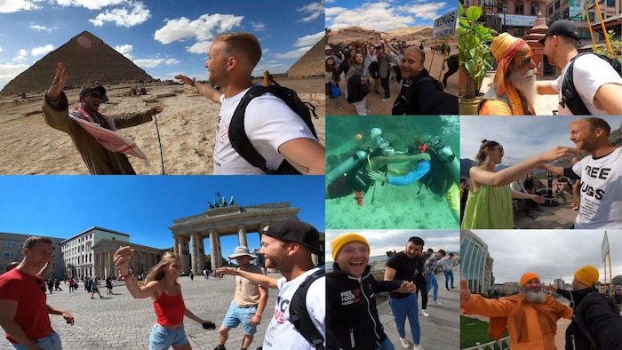 Montage de huit photos dans des pays et des circonstances fort différents : Égypte, Inde, Jordanie, Allemagne et même sous l'eau.