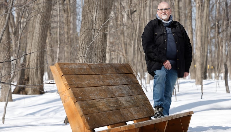 Le professeur Pierre Blanchet a travaillé sur ce nouveau traitement du bois, qui a servi à traiter le mobilier urbain dans un boisé du campus en 2021.|800x457.5