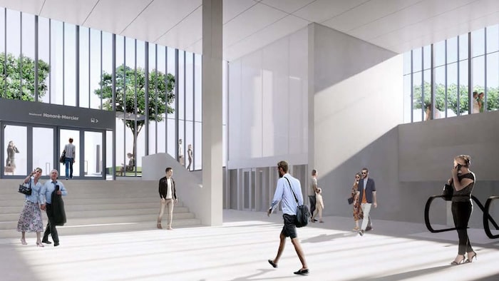 Maquette conceptuelle de l'intérieur de la station. Elle sera construite de verre et de béton blanc, lui donnant un aspect très grand et lumineux.