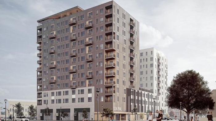 Esquisse informatisée de la firme d'architecte d'un immeuble à deux tours, liées par un basilaire.