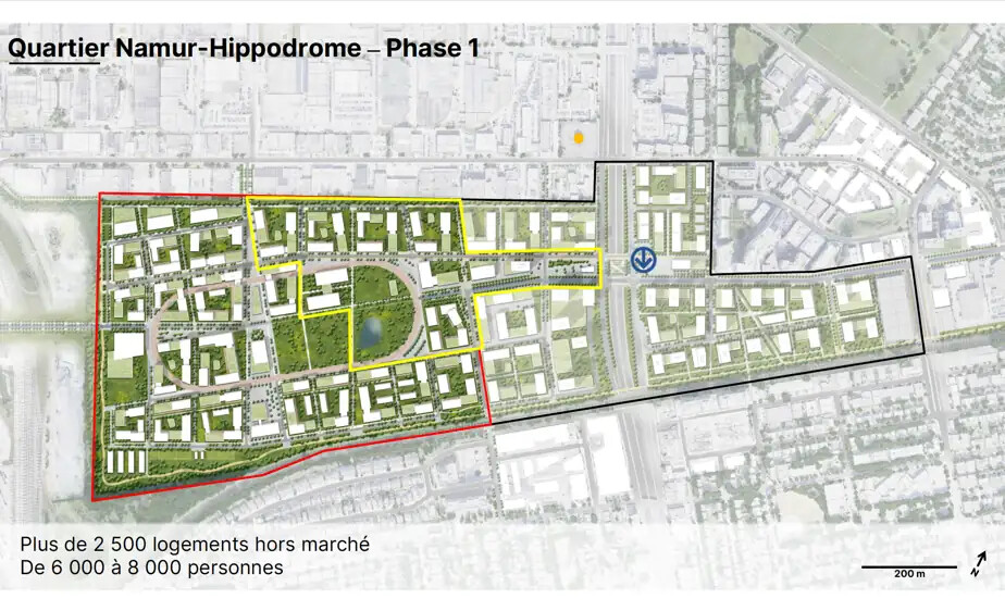 IMAGE FOURNIE PAR GALOPH — En jaune, le terrain de la première phase, où la construction de 2400 logements démarrera au printemps 2027, dont une partie sur les terrains de l’ancien hippodrome Blue Bonnets. À terme, la phase 1 comprendra 2500 logements hors marché.