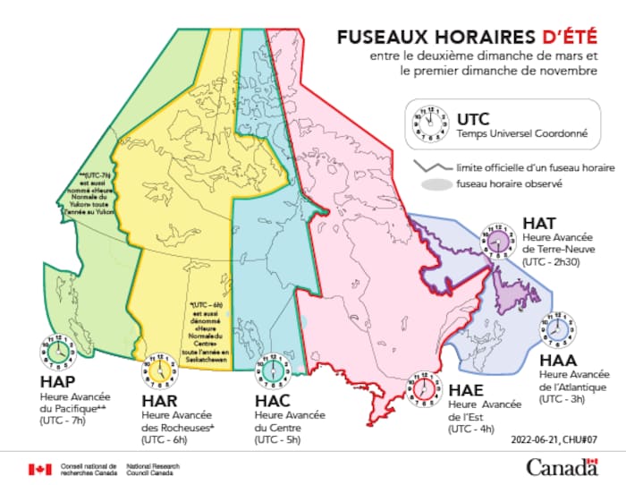 Une carte des fuseaux horaires d'été au Canada.